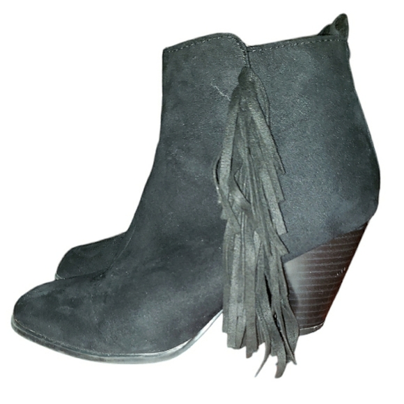 Qupid Tiber-60 Side Fringe Tassels Faux Suede Instep Zip Black Ankle Booties 7 - Picture 8 of 16